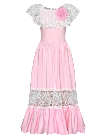 Girls Off the Shoulder Lace Ruffle & Insert Maxi Dress with Flower Clip - Pink / 2T/3T - Girls Spring Dressy Dress