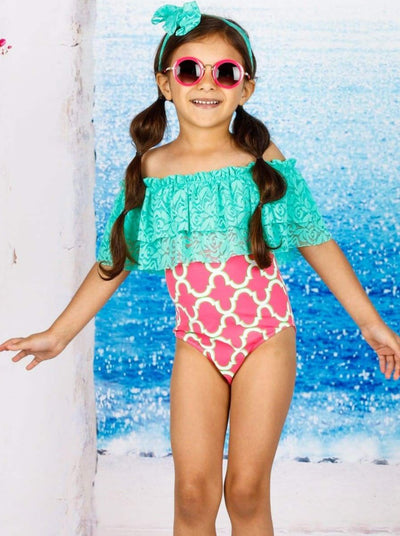 Kids Swimsuits | Little Girls Lace Ruffle Shoulder One Piece Swimsuit