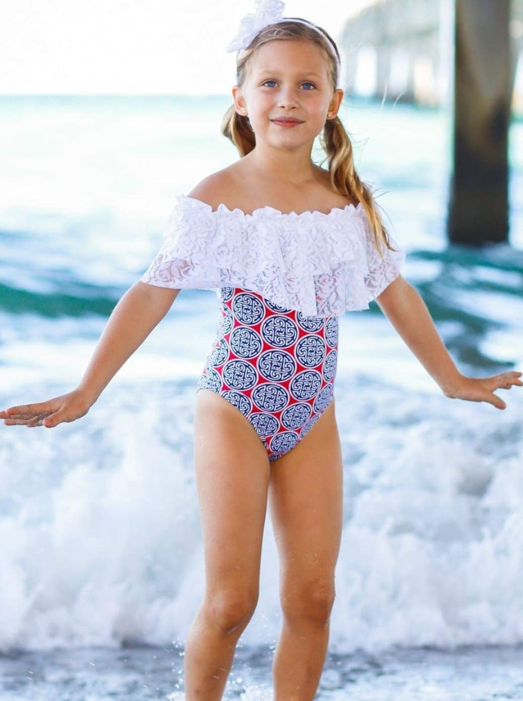 Kids Swimsuits | Little Girls Lace Ruffle Shoulder One Piece Swimsuit