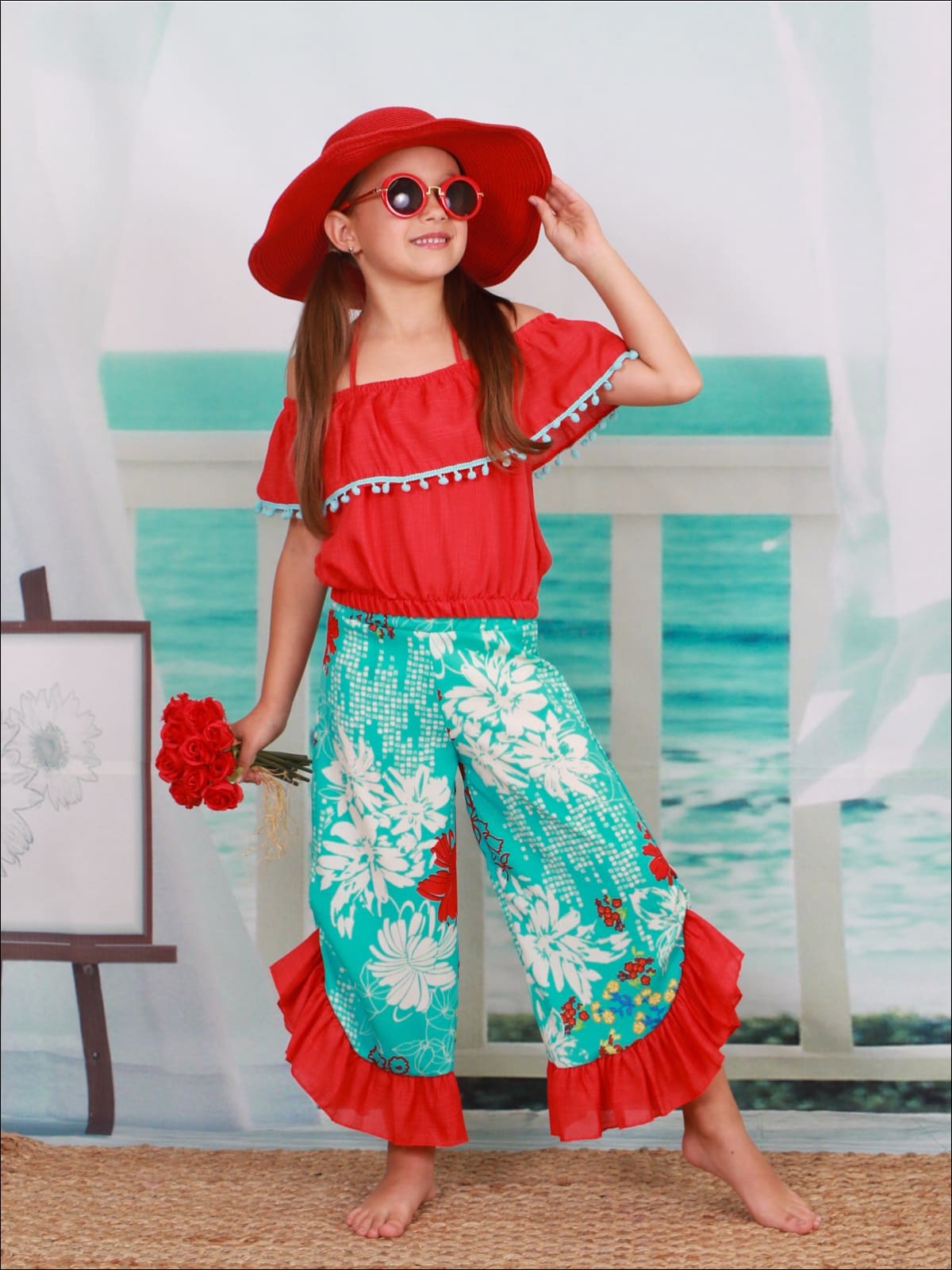 Girls Off the Shoulder Trimmed Ruffle Halter Neck Top & Floral Ruffled Palazzo Pants Set - Girls Spring Casual Set