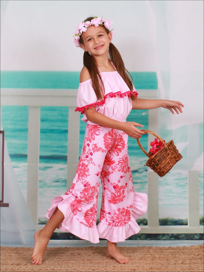 Girls Off the Shoulder Trimmed Ruffle Halter Neck Top & Floral Ruffled Palazzo Pants Set - Girls Spring Casual Set
