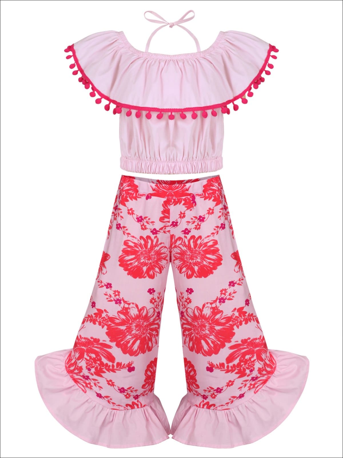 Girls Off the Shoulder Trimmed Ruffle Halter Neck Top & Floral Ruffled Palazzo Pants Set - Pink / 2T/3T - Girls Spring Casual Set