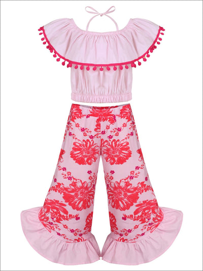Girls Off the Shoulder Trimmed Ruffle Halter Neck Top & Floral Ruffled Palazzo Pants Set - Pink / 2T/3T - Girls Spring Casual Set