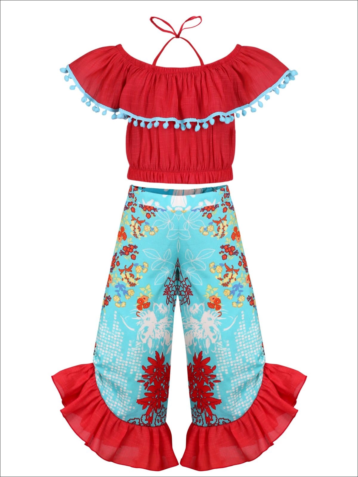Girls Off the Shoulder Trimmed Ruffle Halter Neck Top & Floral Ruffled Palazzo Pants Set - Red / 2T/3T - Girls Spring Casual Set