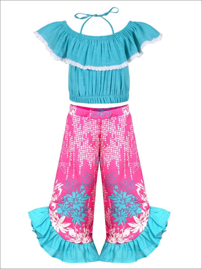 Girls Off the Shoulder Trimmed Ruffle Halter Neck Top & Floral Ruffled Palazzo Pants Set - Turquoise / 2T/3T - Girls Spring Casual Set