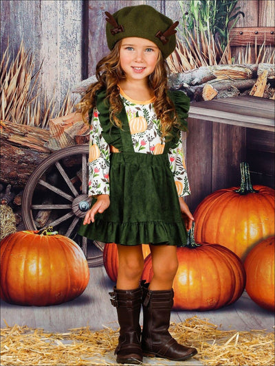 Girls Olive Green Ruffled Overall Dress & Long Sleeve Pumpkin Leaves Print Top Set - Girls Fall Casual Set