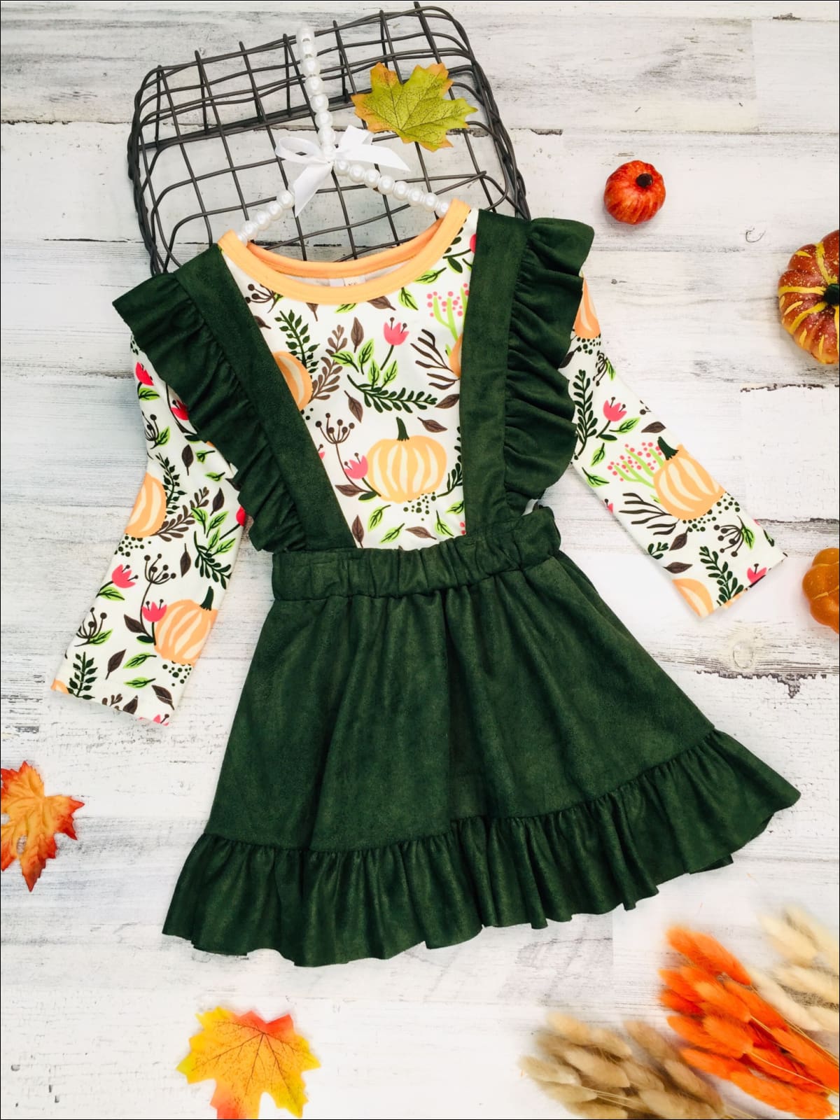Girls Olive Green Ruffled Overall Dress & Long Sleeve Pumpkin Leaves Print Top Set - Green / 3T - Girls Fall Casual Set