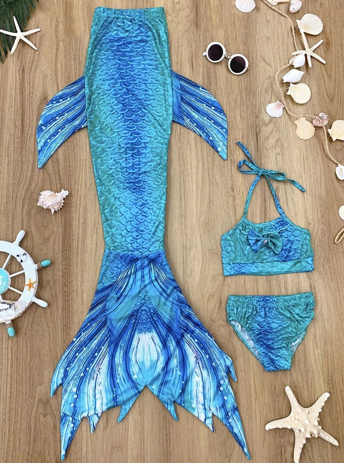 Girls Ombre Mermaid Scales Print Two Piece Swimsuit With Tail Skirt - Blue / 3T/4T - Girls Mermaid Swimsuit