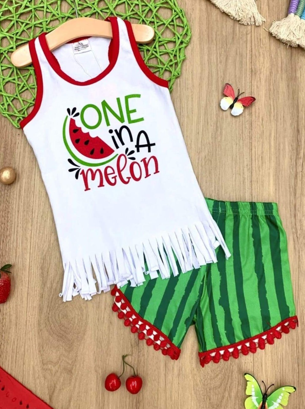 Girls One in a MelonFringe Tank and Watermelon Pom Pom Shorts Set - White / 2T - Girls Spring Casual Set