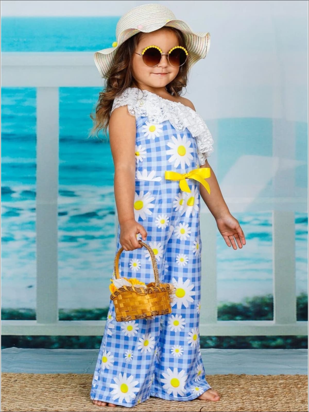 Toddler Spring Outfits | Girls Lace Bib One Shoulder Palazzo Jumpsuit