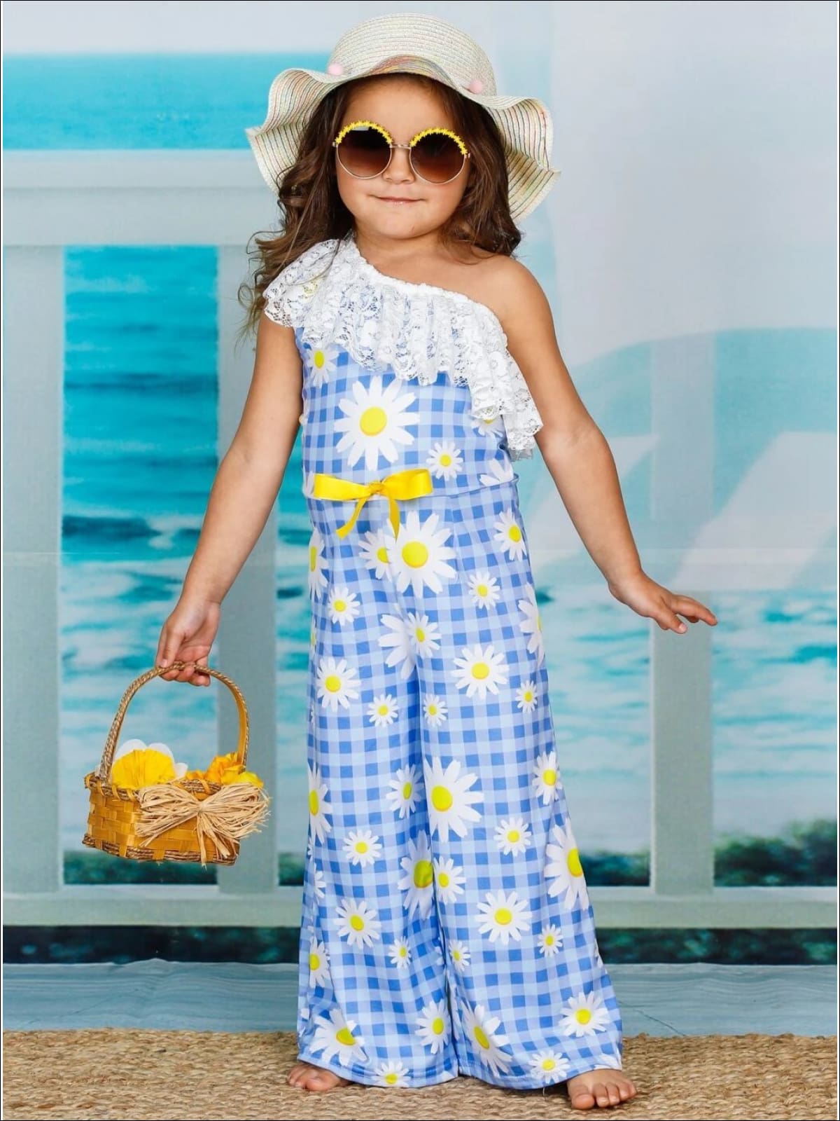 Toddler Spring Outfits | Girls Lace Bib One Shoulder Palazzo Jumpsuit