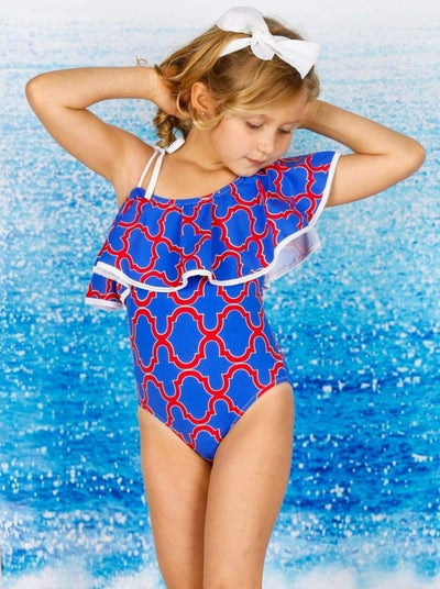 Kids Resort Wear | Girls One Shoulder Ruffle Print One Piece Swimsuit