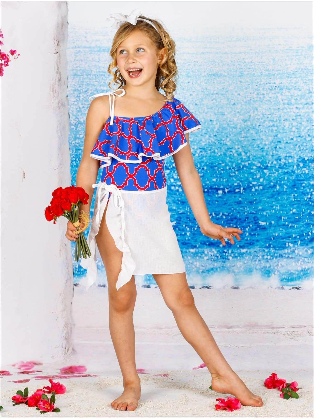 Kids Resort Wear | Girls One Shoulder Ruffle Print One Piece Swimsuit