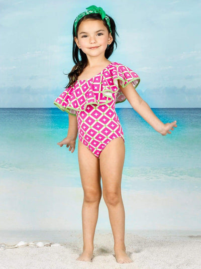 Kids Swimsuits | Girls One Shoulder Ruffle Printed One Piece Swimsuit
