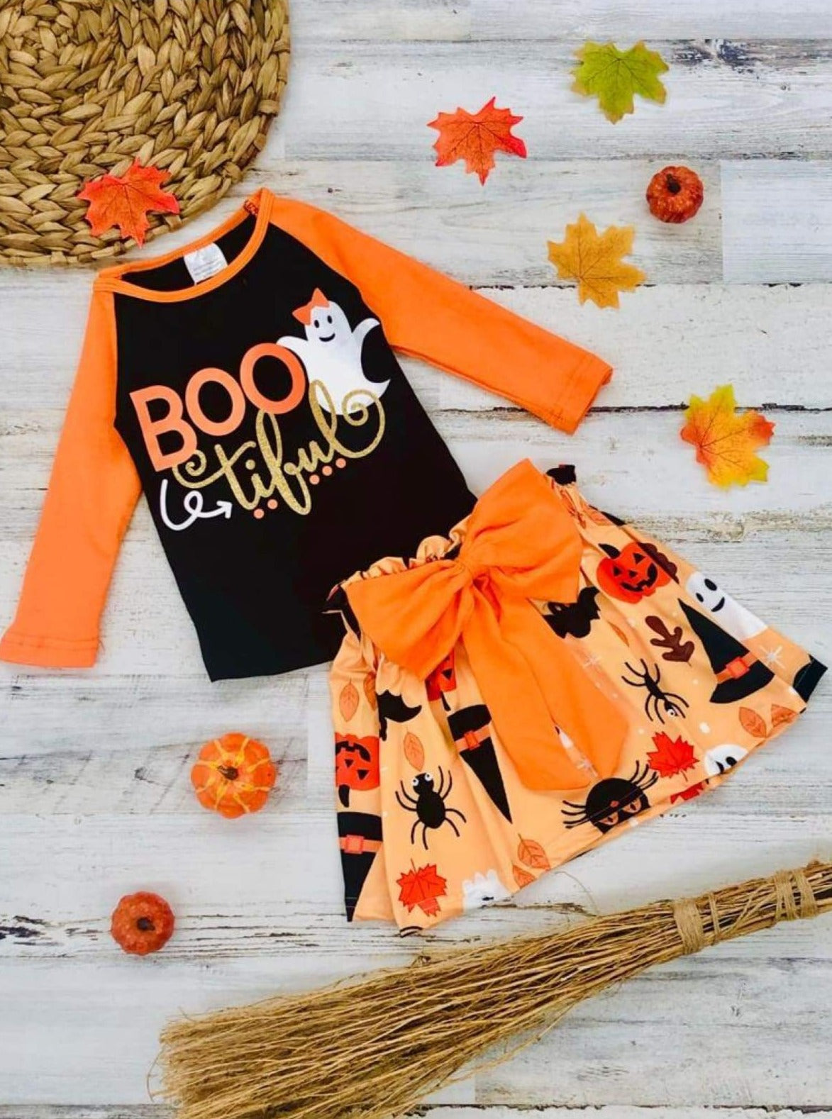 Girls Orange & Black Halloween Themed BOOtiful Raglan Long Sleeve Ghost Top & Printed Skirt Set - Girls Halloween Set