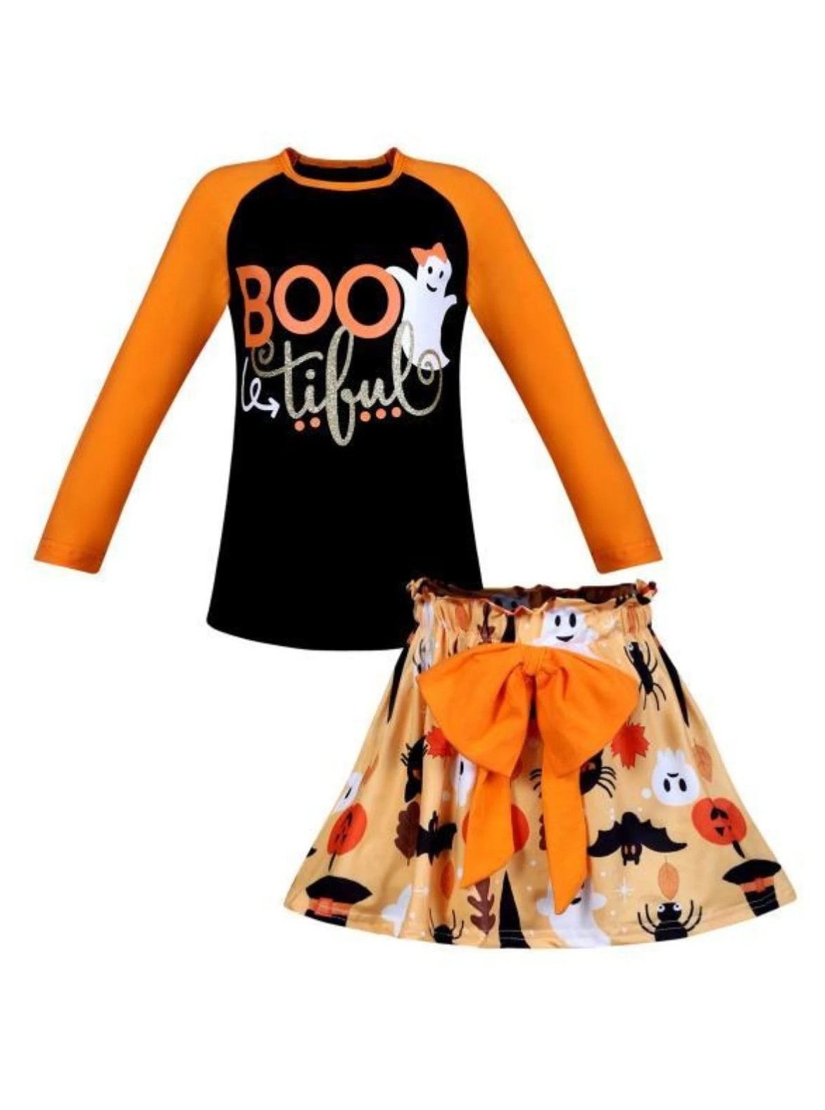 Girls Orange & Black Halloween Themed BOOtiful Raglan Long Sleeve Ghost Top & Printed Skirt Set - Orange / XS- 2T - Girls Halloween Set