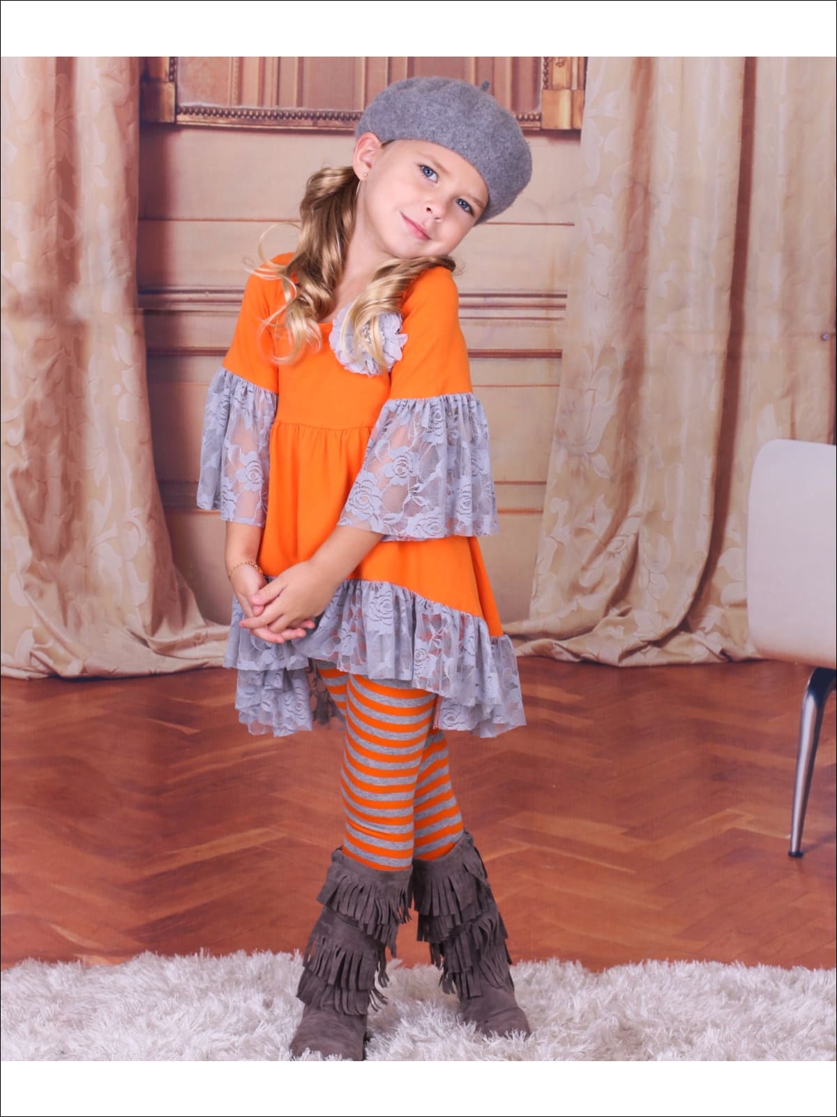 Girls Orange Boho Sleeve Tunic & Grey Striped Leggings Set - Girls Fall Casual Set