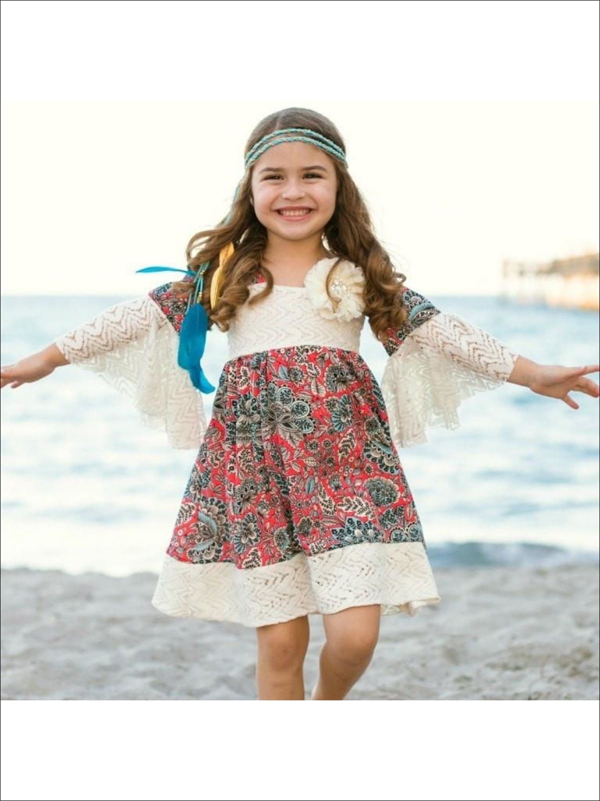 Girls Paisley Print Baby Doll Dress w/Crochet Ruffle Sleeve & Paneling - 2T/3T / Red/Beige/Blue - Girls Boho Dress