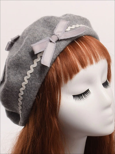 Girls Parisian Style Bow Tie Wool Beret - Grey / One Size - Girls Berets