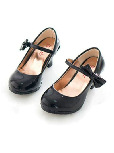 Girls Patent Synthetic Leather Mary Jane Bow Tie Shoes - Black / 1 - Girls Flats