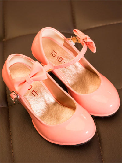 Girls Patent Synthetic Leather Mary Jane Bow Tie Shoes - Pink / 1 - Girls Flats