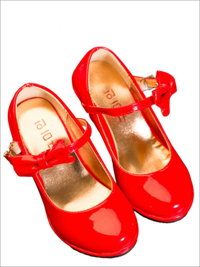 Girls Patent Synthetic Leather Mary Jane Bow Tie Shoes - Red / 1 - Girls Flats