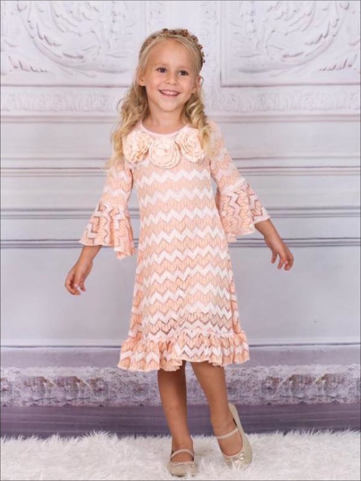 Girls Peach Lace Flare Sleeve A-Line Dress with Ruffle - Fall Low Stock