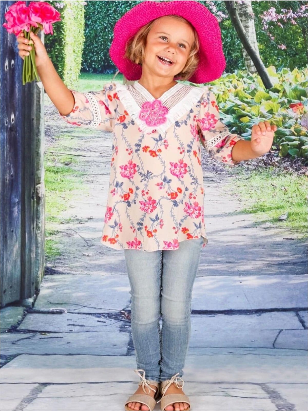 Toddler Spring Tops | Peachy Pink Floral Trellis Crochet Collar Tunic