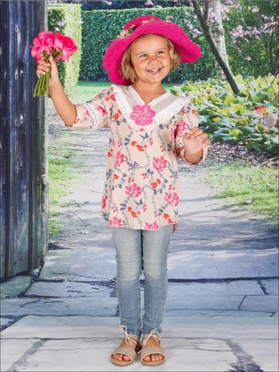 Toddler Spring Tops | Peachy Pink Floral Trellis Crochet Collar Tunic