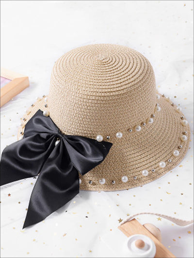 Girls Pearl and Bow Embellished Straw Hat - Beige / One Size - Girls Hats