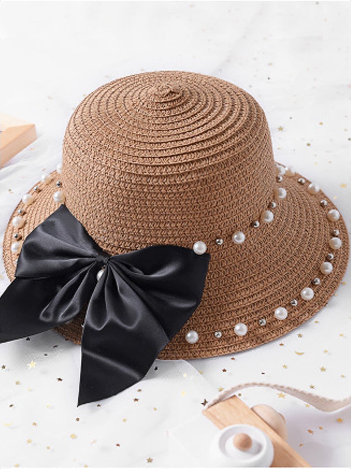 Girls Pearl and Bow Embellished Straw Hat - Tan / One Size - Girls Hats