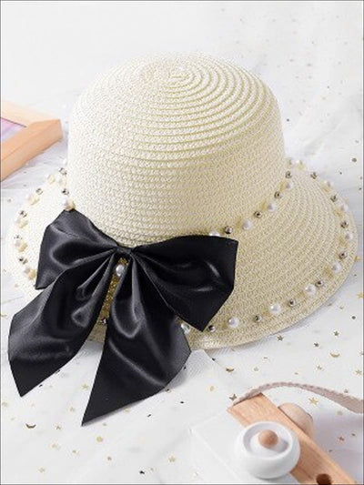 Girls Pearl and Bow Embellished Straw Hat - White / One Size - Girls Hats
