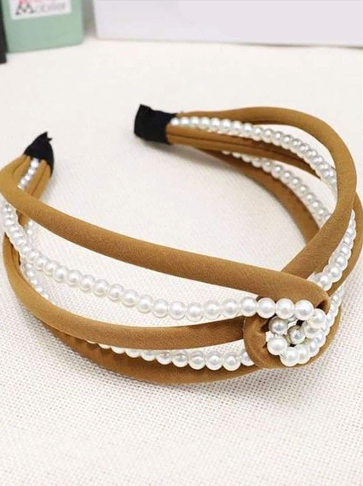 Girls Pearl and Velvet Knot Headband - Brown - Hair Accessories