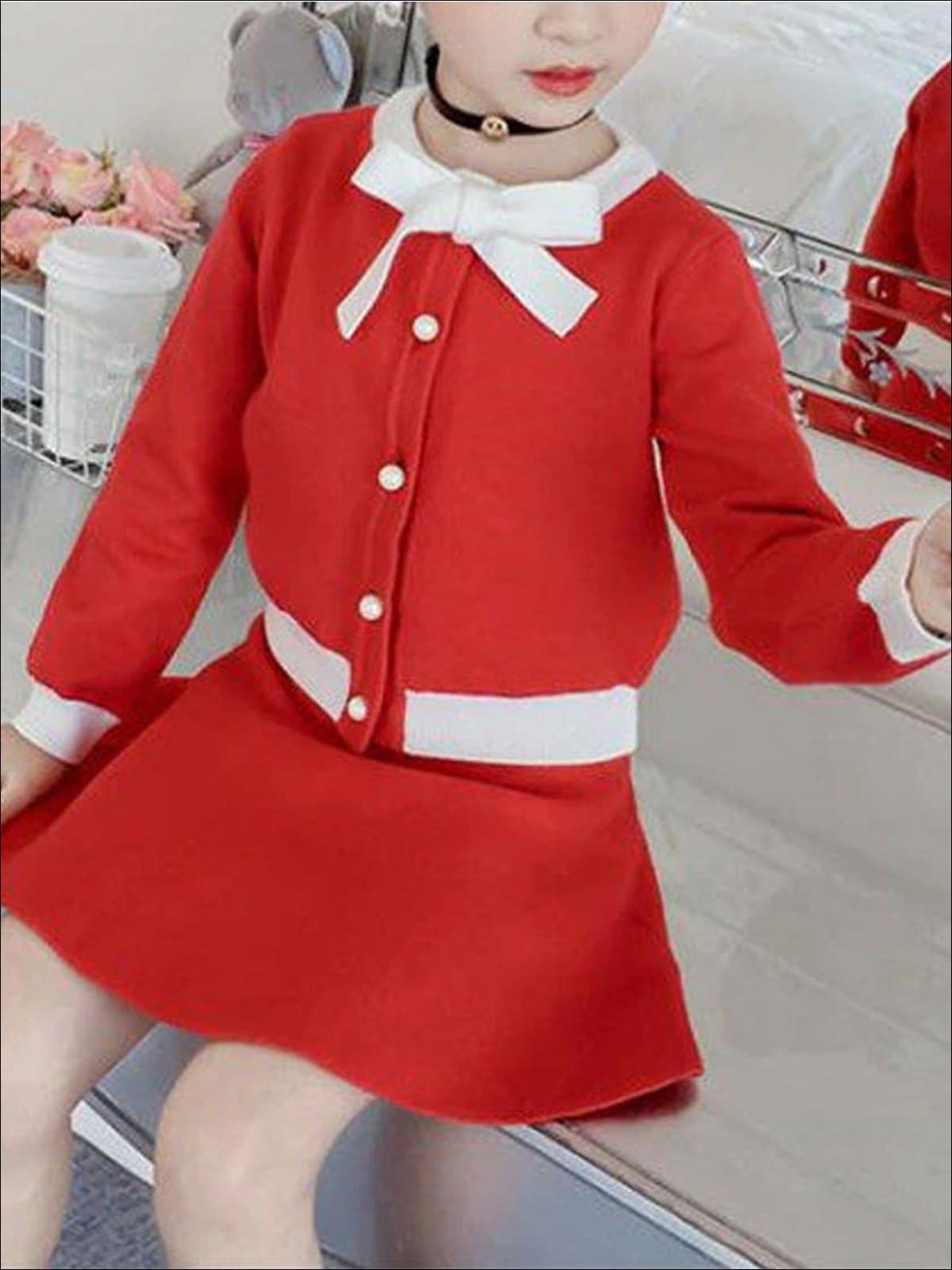 Girls Pearl Button Down Sweater Cardigan & Skirt Set ( 2 Color Options) - Red / 4T - Girls Fall Dressy Set