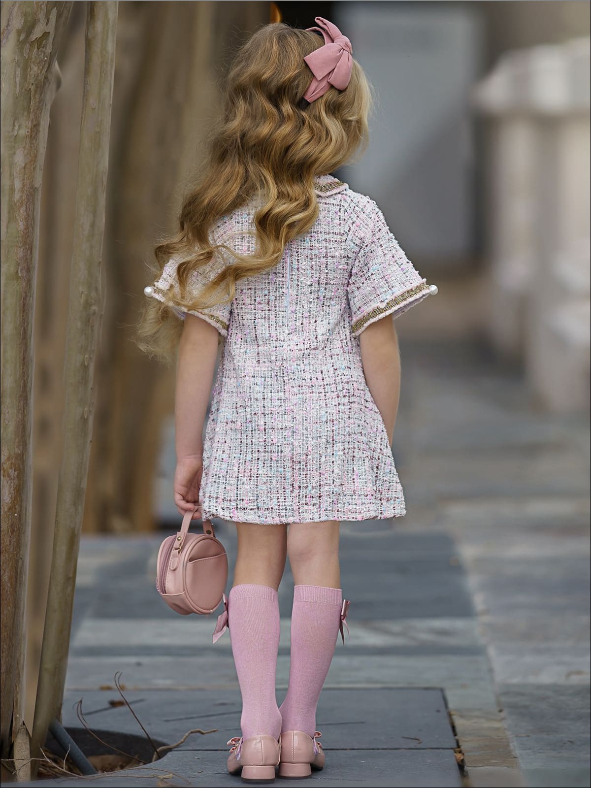 Preppy Chic Dress | Pearl Embellished Tweed Dress | Mia Belle Girls Pink / 2T