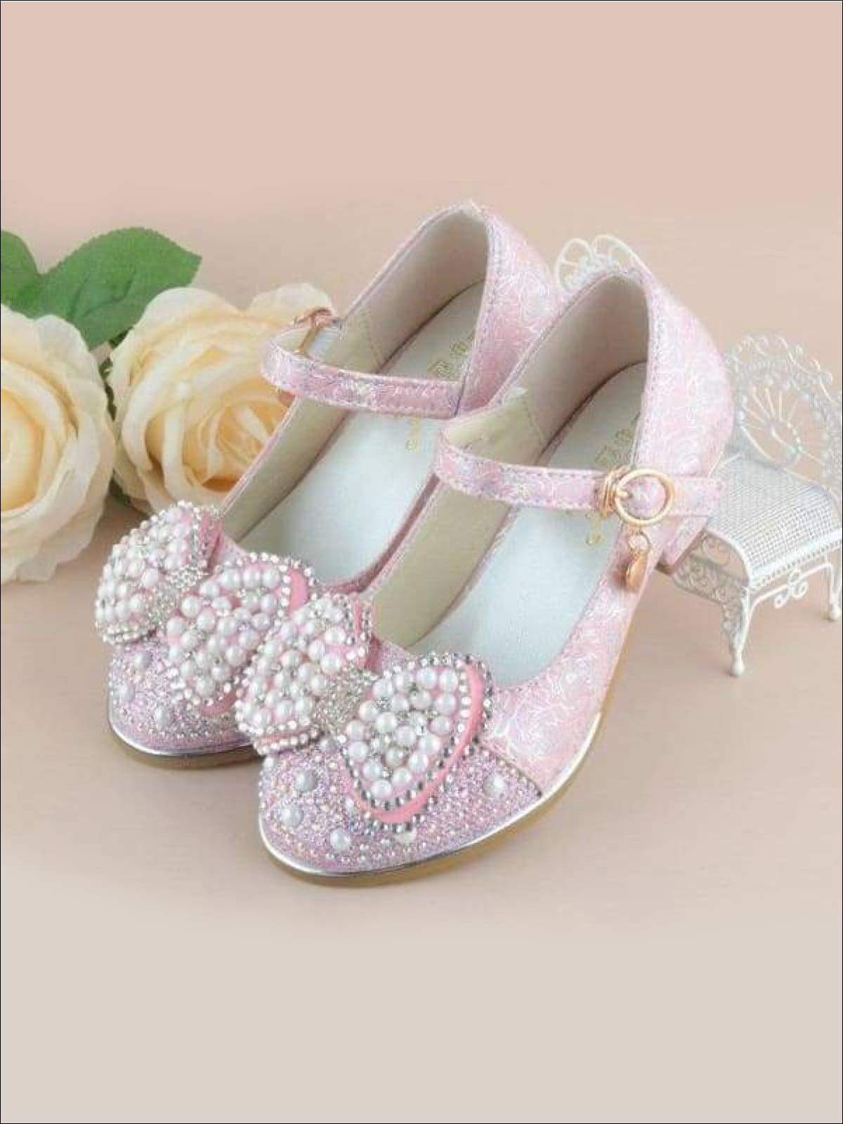 Girls Pearl Embellished Bow Tie Flats with Mini Heel - Girls Flats