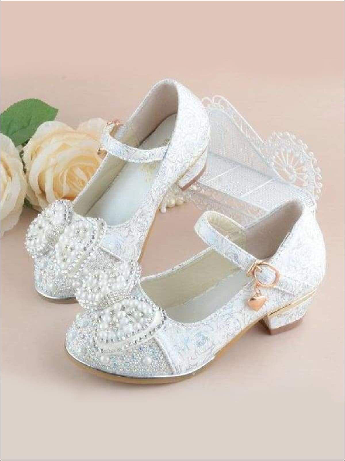 Girls Pearl Embellished Bow Tie Flats with Mini Heel - Ivory / 1 - Girls Flats