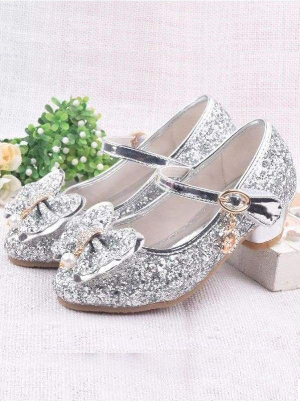 Girls Pearl Embellished Bow Tie Mary Jane Glitter Princess Shoes - Girls Flats