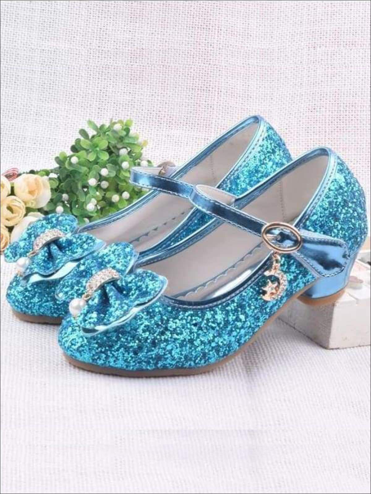 Girls Pearl Embellished Bow Tie Mary Jane Glitter Princess Shoes - Girls Flats