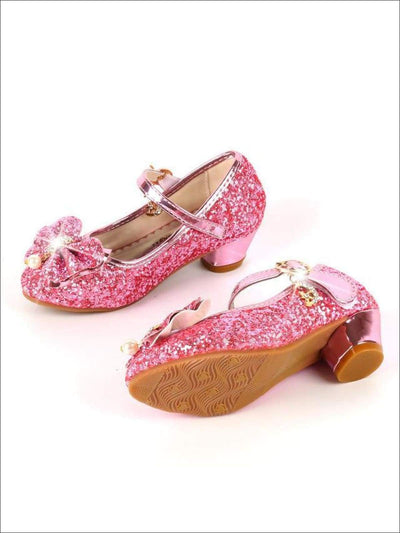 Girls Pearl Embellished Bow Tie Mary Jane Glitter Princess Shoes - Pink / 1 - Girls Flats