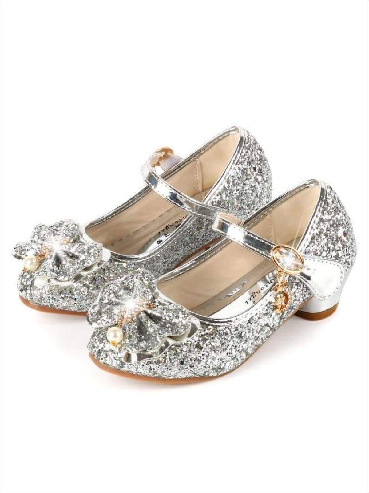 Girls Pearl Embellished Bow Tie Mary Jane Glitter Princess Shoes - Silver / 1 - Girls Flats
