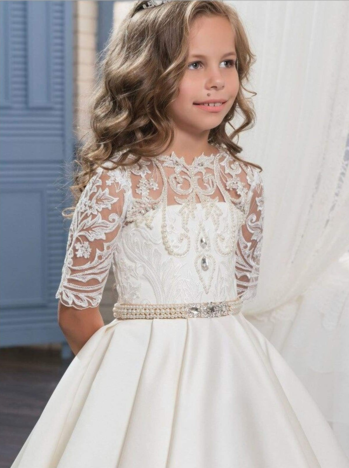 Girls Pearl Embellished Crochet Communion Gown - Girls Gowns