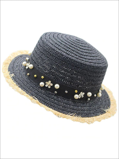 Girls Pearl Embellished Frayed Edge Straw Hat - Black - Girls Hats