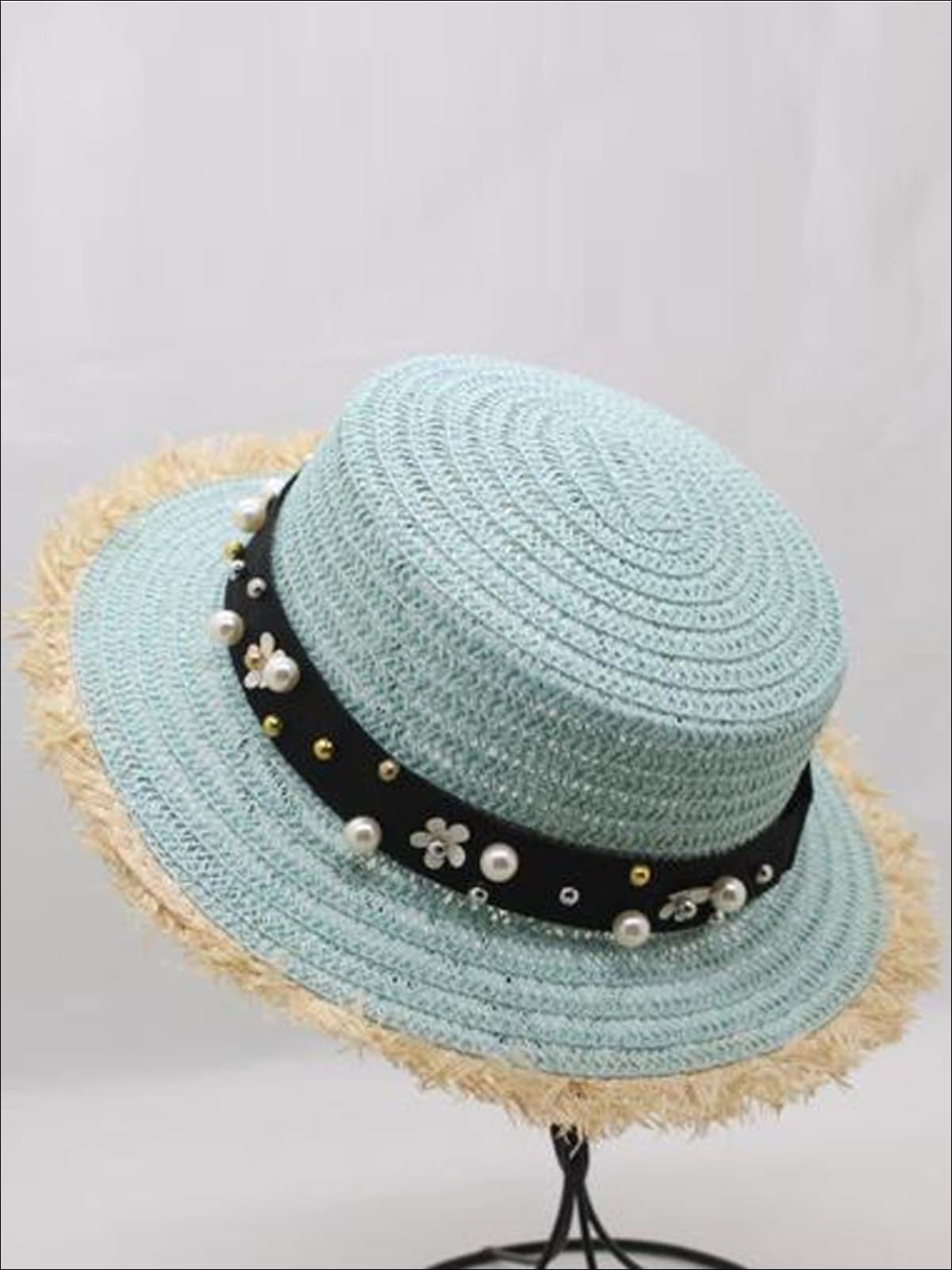 Girls Pearl Embellished Frayed Edge Straw Hat - Mint - Girls Hats