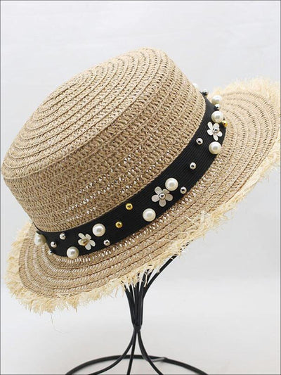 Girls Pearl Embellished Frayed Edge Straw Hat - Tan - Girls Hats