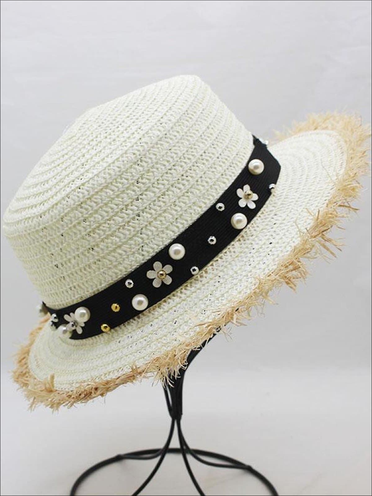 Girls Pearl Embellished Frayed Edge Straw Hat - White - Girls Hats