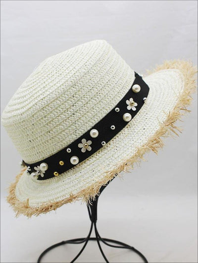 Girls Pearl Embellished Frayed Edge Straw Hat - White - Girls Hats