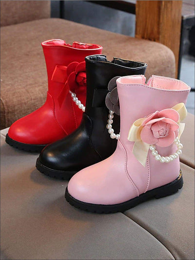 Girls Pearl Embellished Rose Applique Boots - Girls Boots