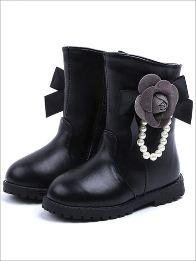 Girls Pearl Embellished Rose Applique Boots - Black / 8 - Girls Boots