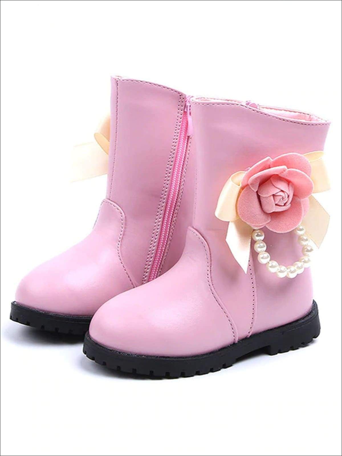 Girls Pearl Embellished Rose Applique Boots - Pink / 8 - Girls Boots